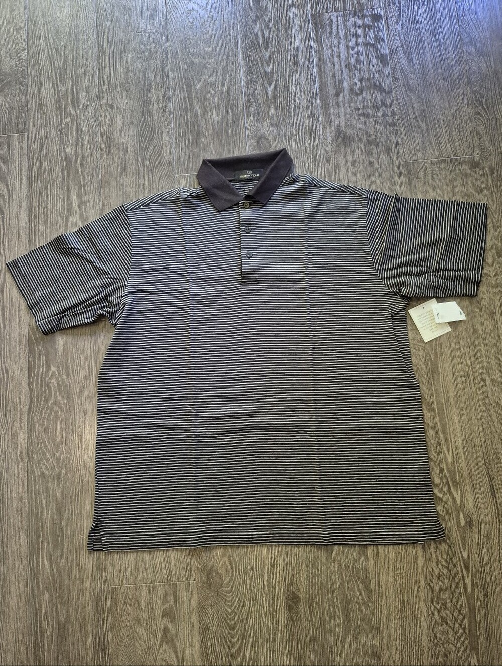 Bugatchi Men's Brown and White Striped Polo Polo Shirt Large L